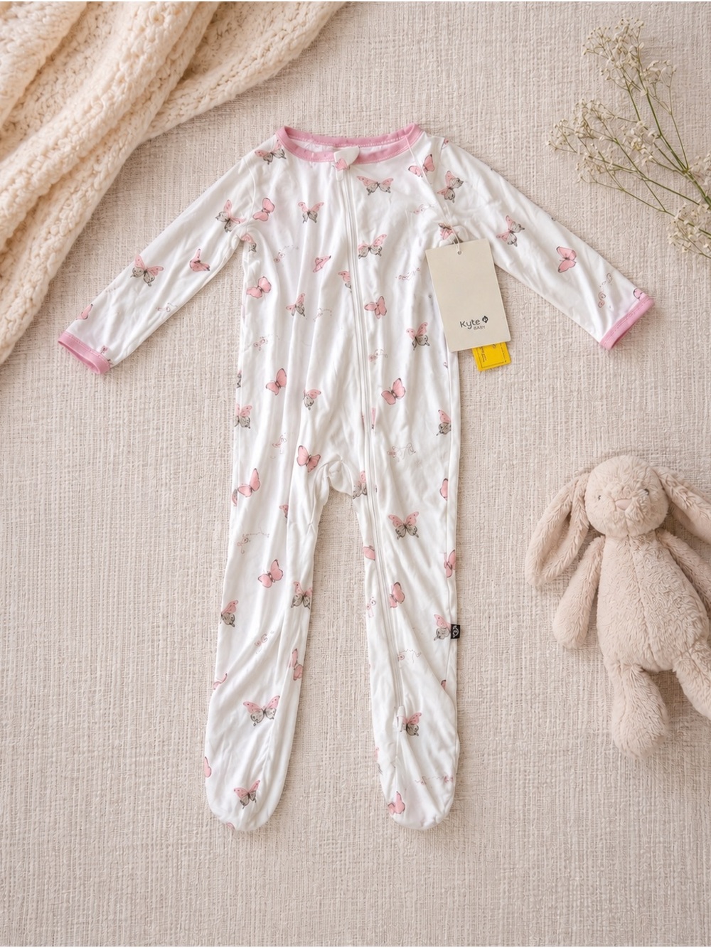 NWT Kyte Baby Bamboo Footie 6-12M Pink Butterfly Print Pajamas